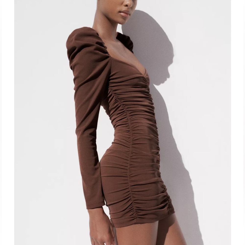 Zara NWT brown long sleeve mini ruched dress - Picture 7 of 10